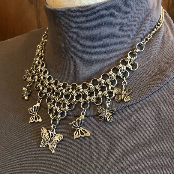 "Gothic Flutter" Handmade Goth Silver Butterflies Chainmail Choker Necklace Punk - Picture 5 of 16